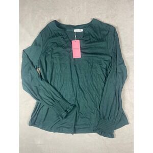 Luckymore Womens XL Forest Green Split V-Neck Smocked Ruffle Cuff Blouse NWT